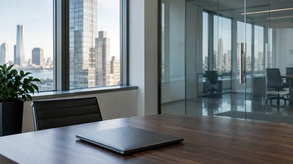 An empty workspace on a New York office table of dark walnut with an empty glass planning wall and one plain notebook in cool north light
