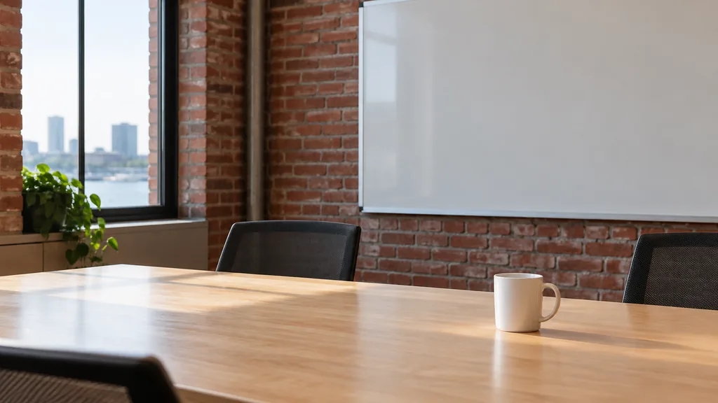 An empty workspace on a Boston brick-walled office table of maple with a blank pinboard and one plain mug in cool harbour light
