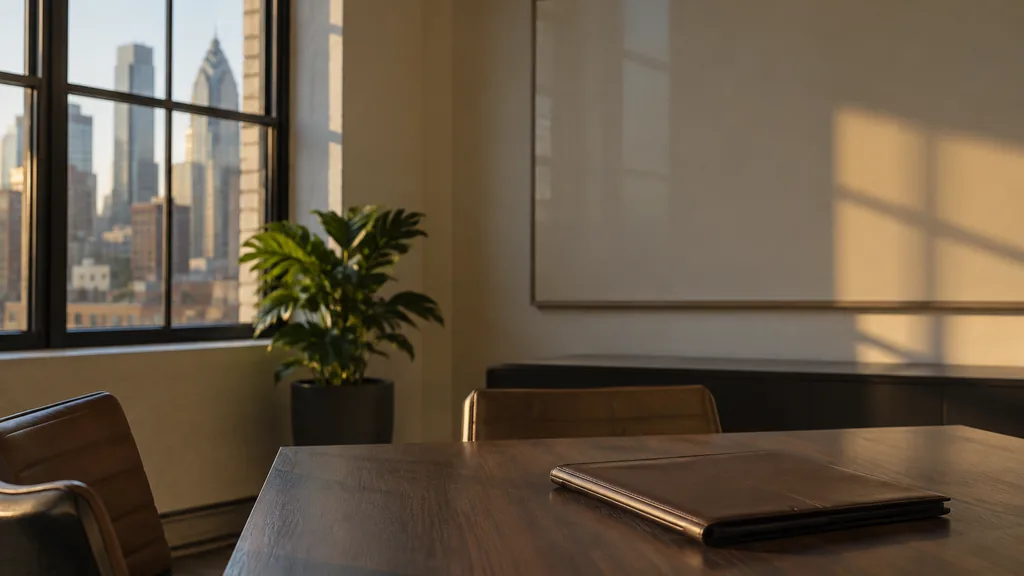 An empty workspace on a Philadelphia office table of dark oak with an empty planning wall and one closed folder in warm late-afternoon light