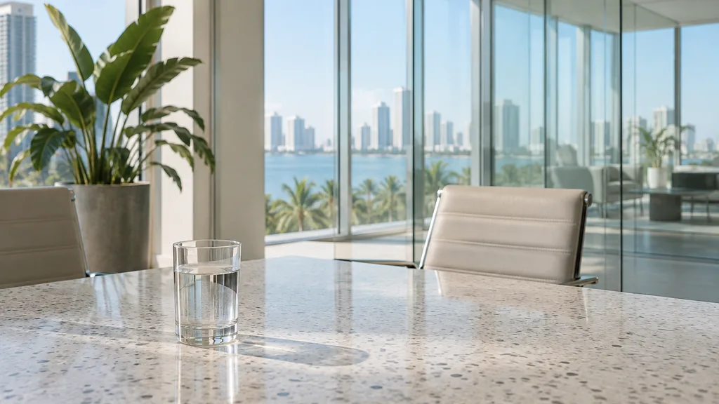 An empty workspace on a Miami office table of pale terrazzo with an empty glass wall and a plain water glass in bright subtropical light