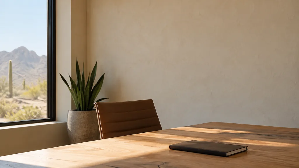 An empty workspace on a Phoenix office table of pale mesquite with an empty plaster wall and one closed notebook in warm desert light