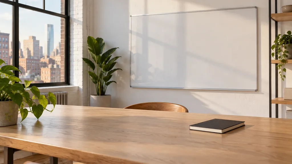 An empty workspace on a New York studio table of pale oak with a blank whiteboard and one closed notebook in warm morning light