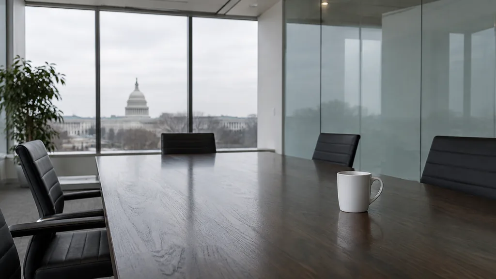 An empty workspace on a Washington DC meeting table of dark oak with an empty glass strategy wall and one plain mug in cool overcast light