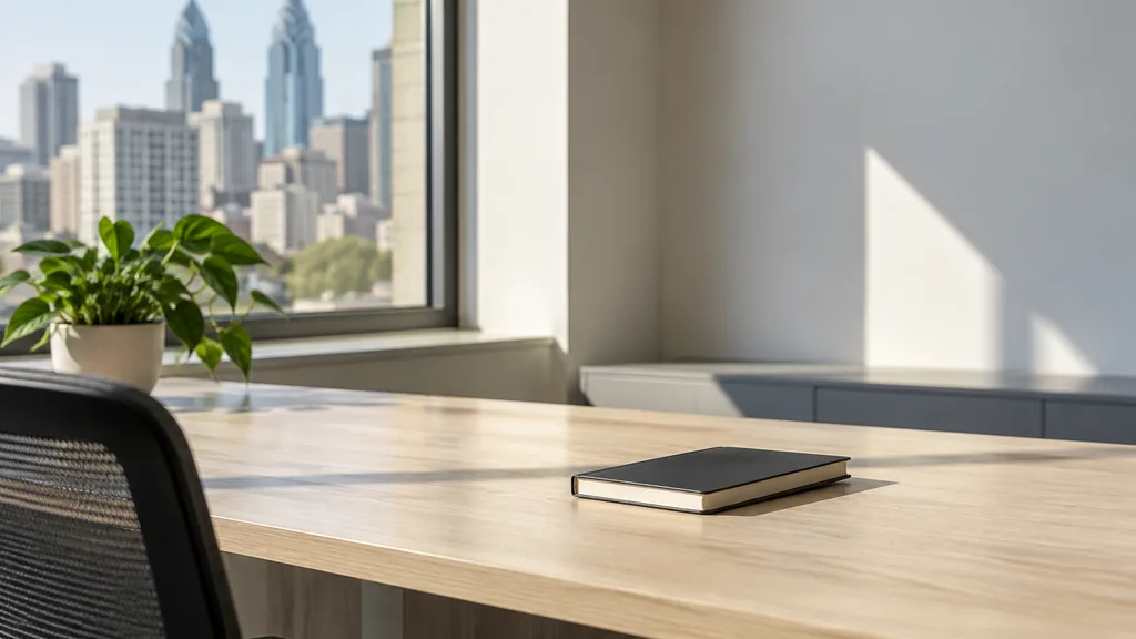 An empty workspace on a Philadelphia office table of light ash with a blank planning wall and one closed notebook in bright midday light