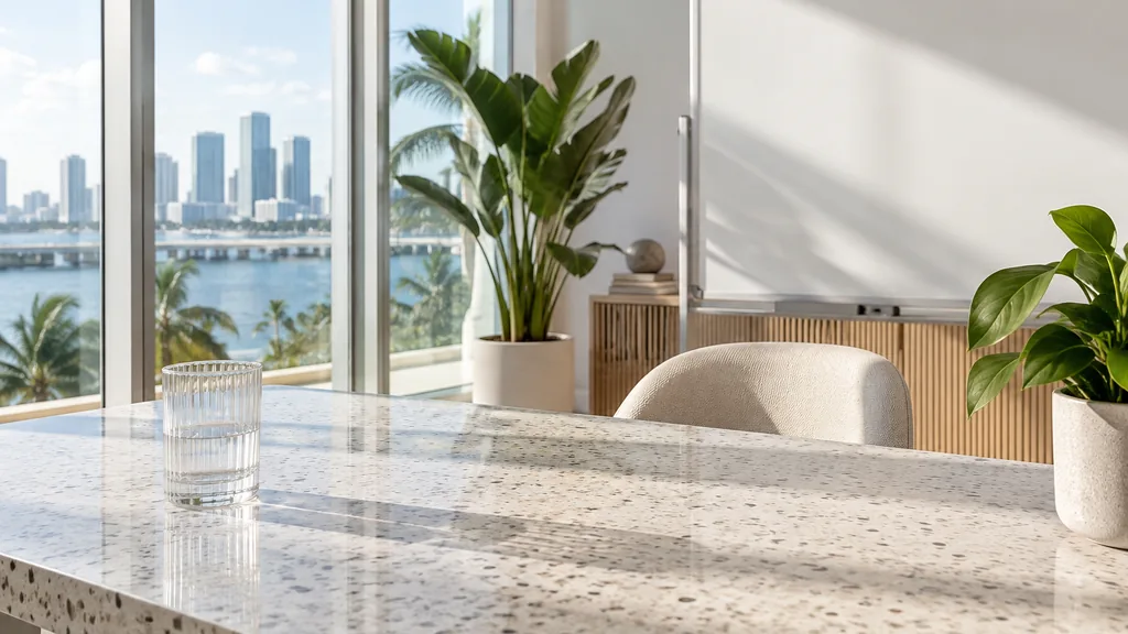 An empty workspace on a Miami studio table of pale terrazzo with an empty whiteboard and a plain water glass in bright coastal light