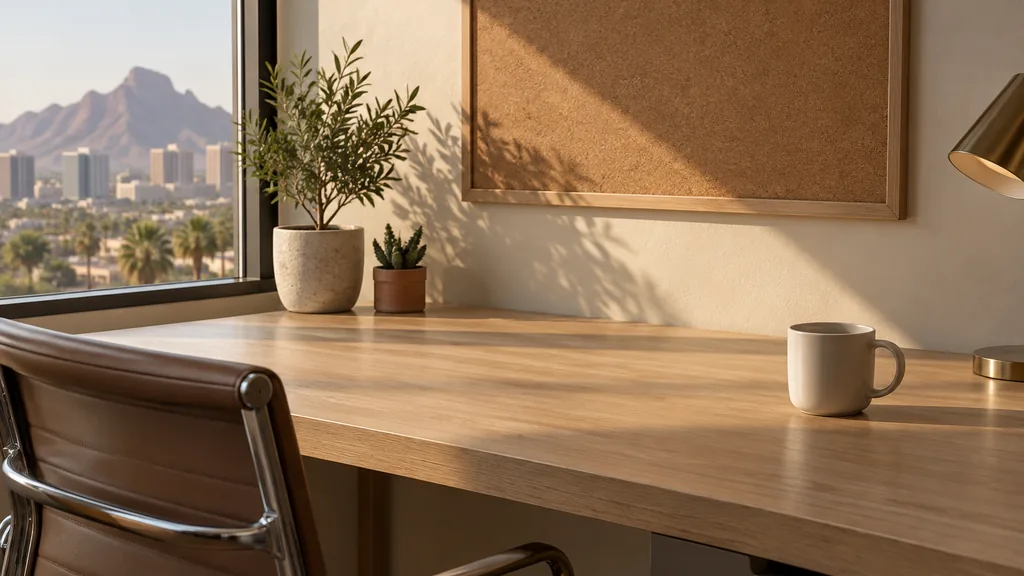 An empty workspace on a Phoenix office table of light oak with an empty pinboard and one plain mug in warm desert light