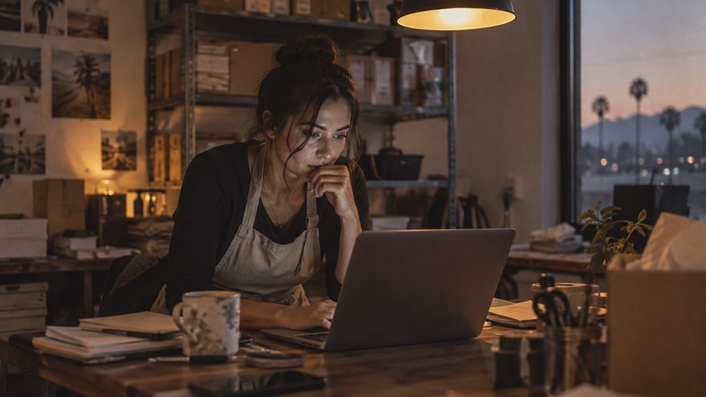 A small-business owner in an apron leaning over a laptop on a cluttered back-office desk late in the day, photographed in Riverside