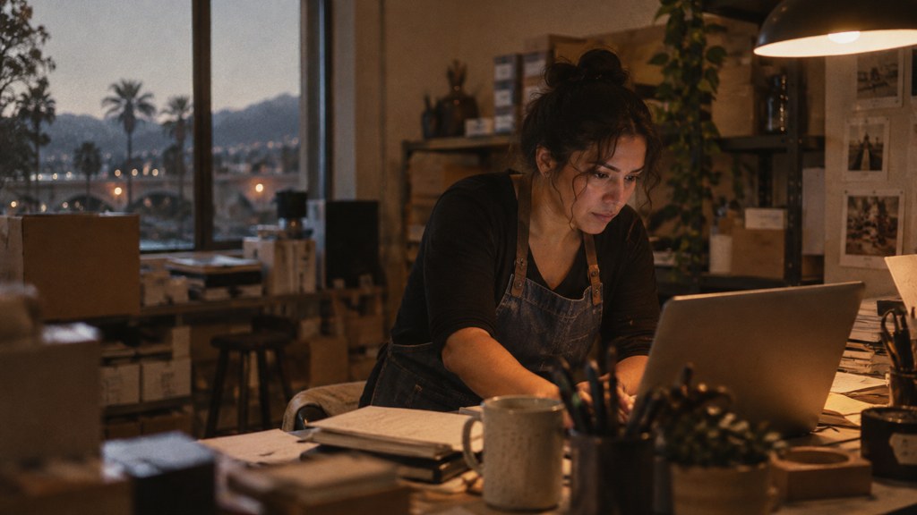 A small-business owner in an apron leaning over a laptop on a cluttered back-office desk late in the day, photographed in Riverside