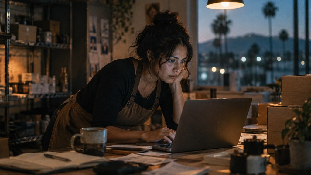 A small-business owner in an apron leaning over a laptop on a cluttered back-office desk late in the day, photographed in Riverside