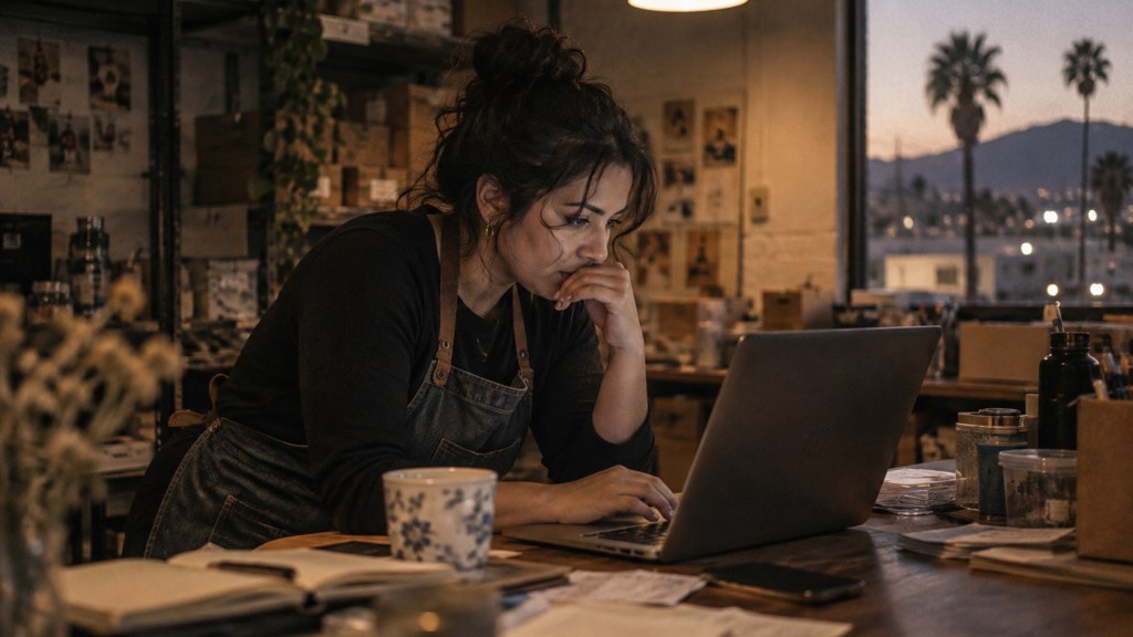 A small-business owner in an apron leaning over a laptop on a cluttered back-office desk late in the day, photographed in Riverside
