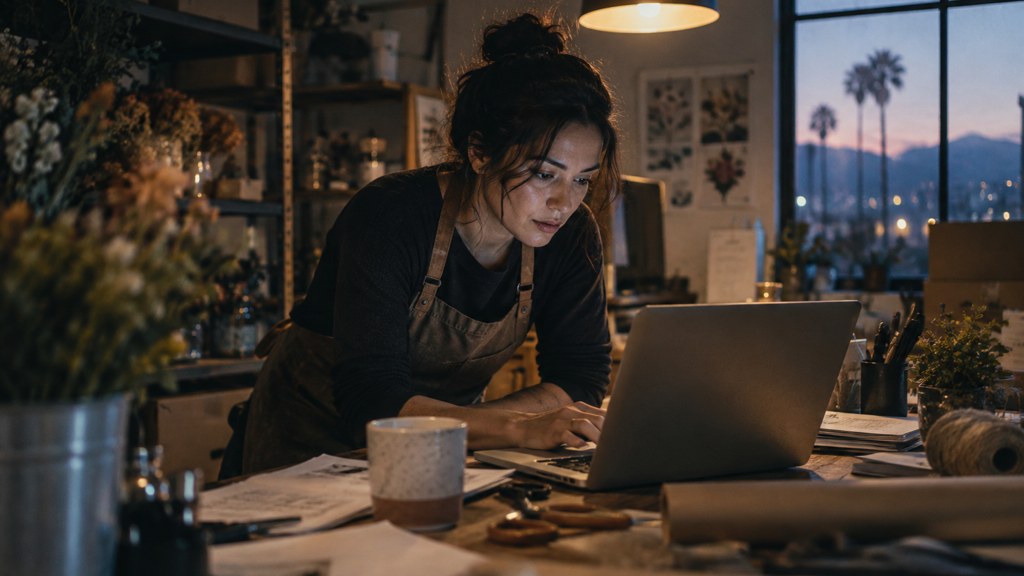 A small-business owner in an apron leaning over a laptop on a cluttered back-office desk late in the day, photographed in Riverside