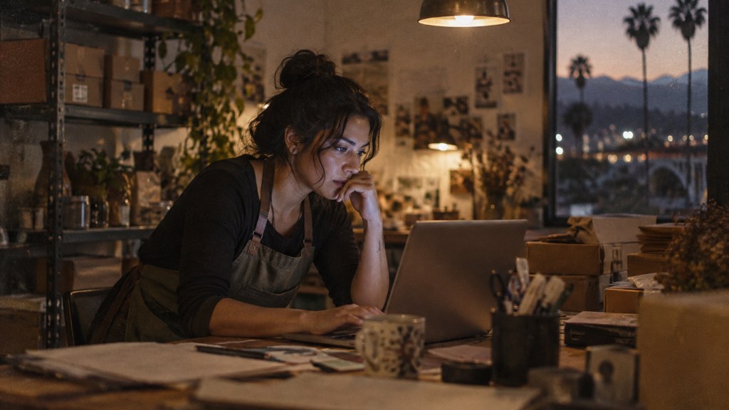 A small-business owner in an apron leaning over a laptop on a cluttered back-office desk late in the day, photographed in Riverside
