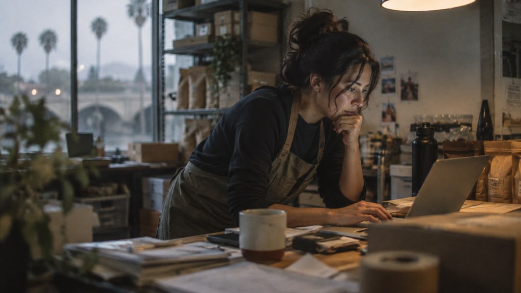 A small-business owner in an apron leaning over a laptop on a cluttered back-office desk late in the day, photographed in Riverside