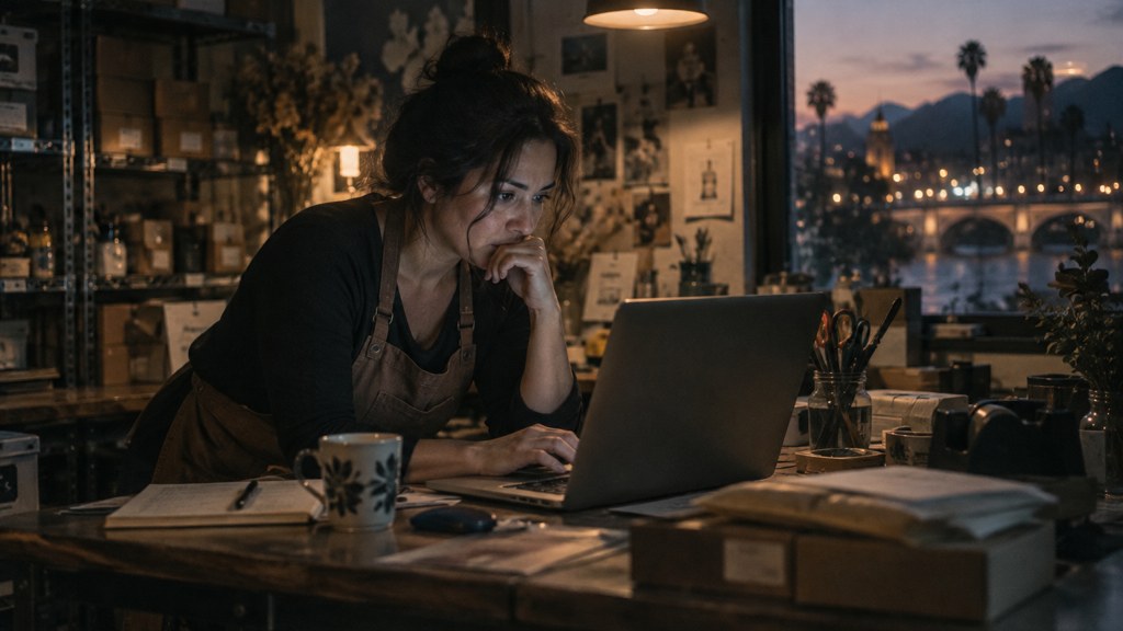 A small-business owner in an apron leaning over a laptop on a cluttered back-office desk late in the day, photographed in Riverside