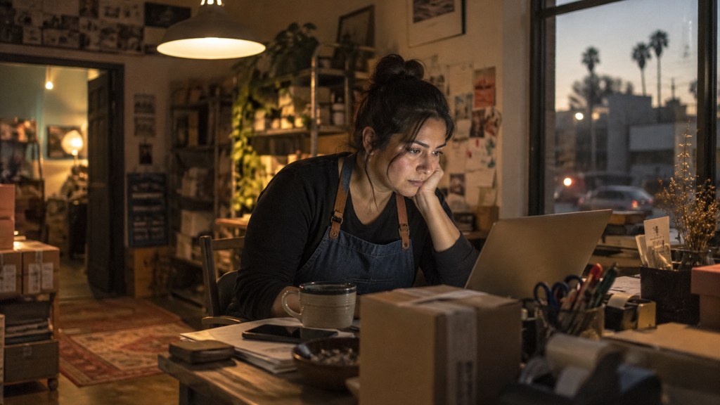 A small-business owner in an apron leaning over a laptop on a cluttered back-office desk late in the day, photographed in Riverside