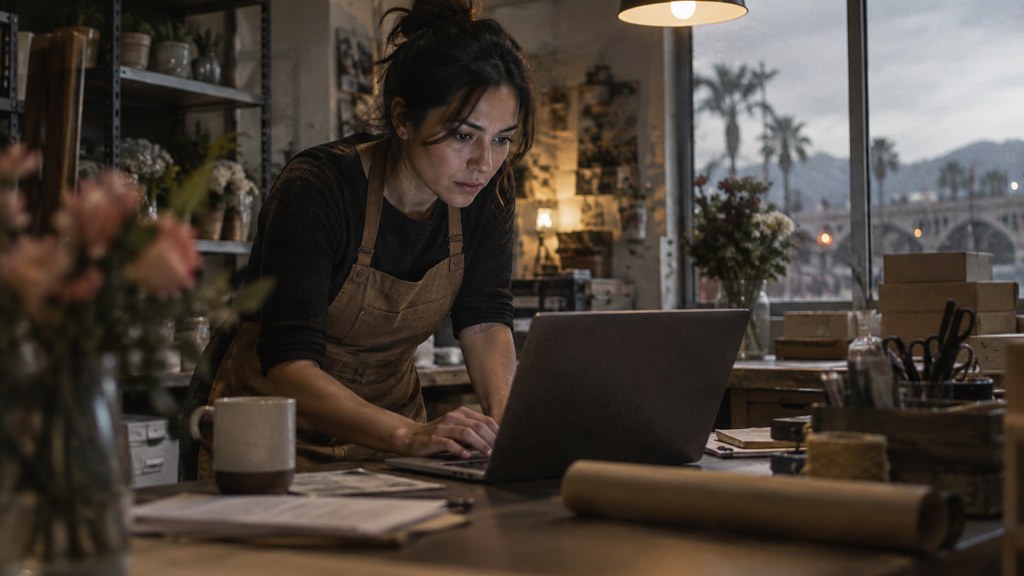 A small-business owner in an apron leaning over a laptop on a cluttered back-office desk late in the day, photographed in Riverside