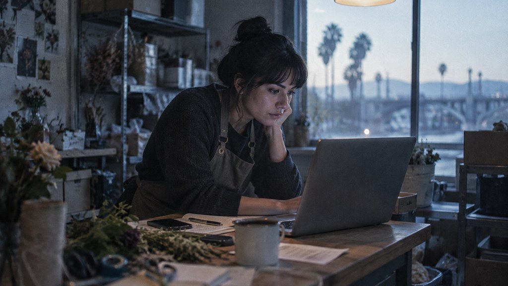 A small-business owner in an apron leaning over a laptop on a cluttered back-office desk late in the day, photographed in Riverside