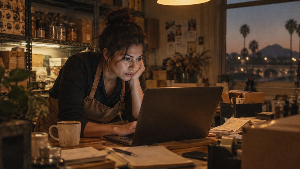 A small-business owner in an apron leaning over a laptop on a cluttered back-office desk late in the day, photographed in Riverside
