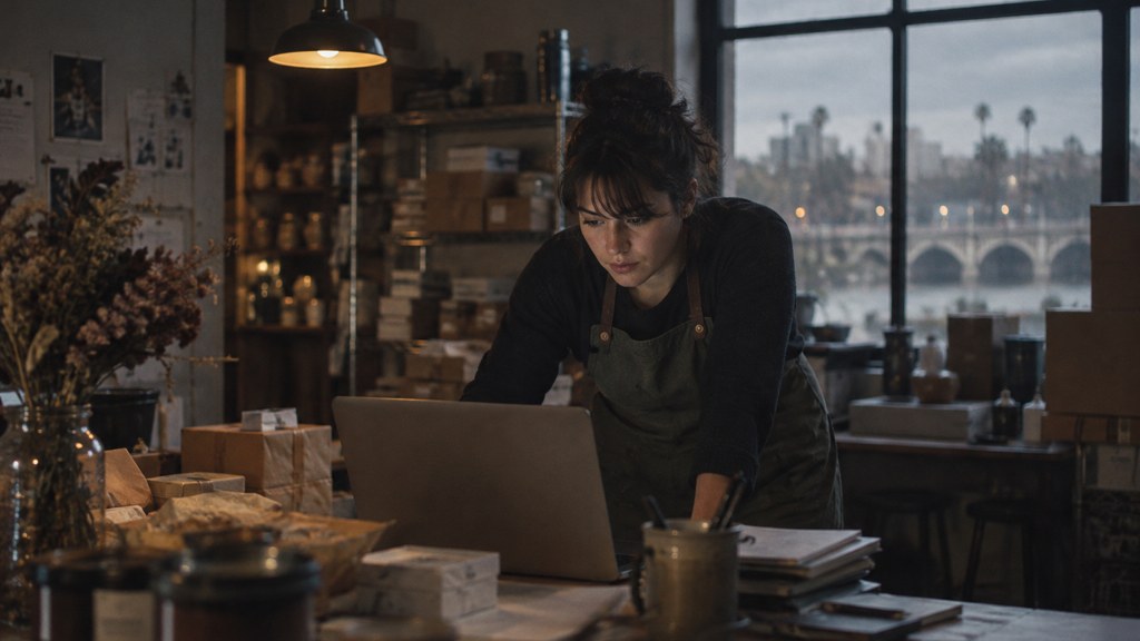 A small-business owner in an apron leaning over a laptop on a cluttered back-office desk late in the day, photographed in Riverside