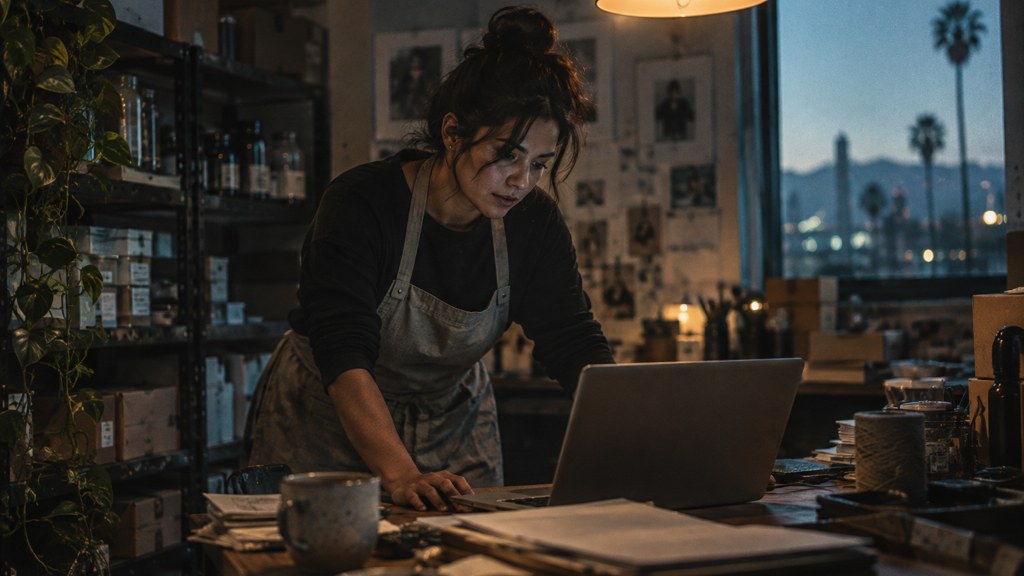 A small-business owner in an apron leaning over a laptop on a cluttered back-office desk late in the day, photographed in Riverside