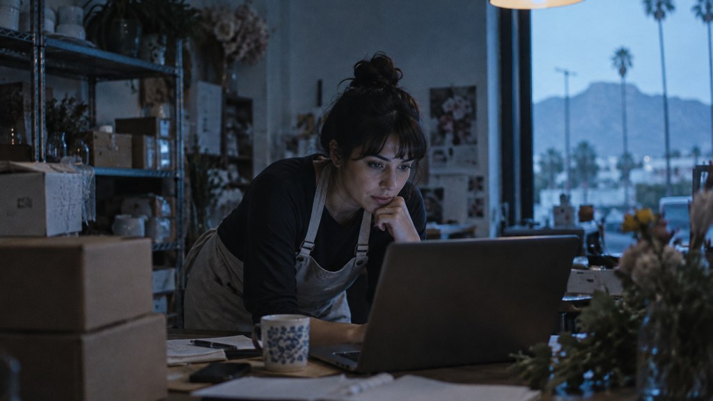 A small-business owner in an apron leaning over a laptop on a cluttered back-office desk late in the day, photographed in Riverside