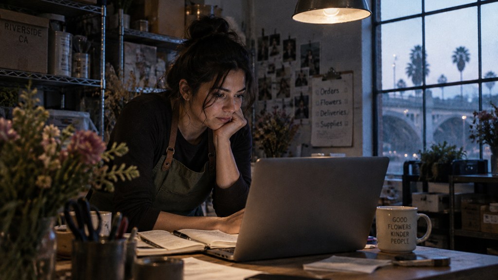 A small-business owner in an apron leaning over a laptop on a cluttered back-office desk late in the day, photographed in Riverside