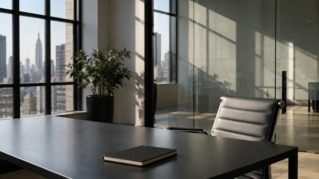 An empty workspace on a New York office table of black steel with an empty glass planning wall and one plain notebook in hard afternoon light