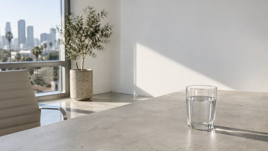 An empty workspace on a Los Angeles office table of pale concrete with a blank white wall and one plain water glass in bright dry light