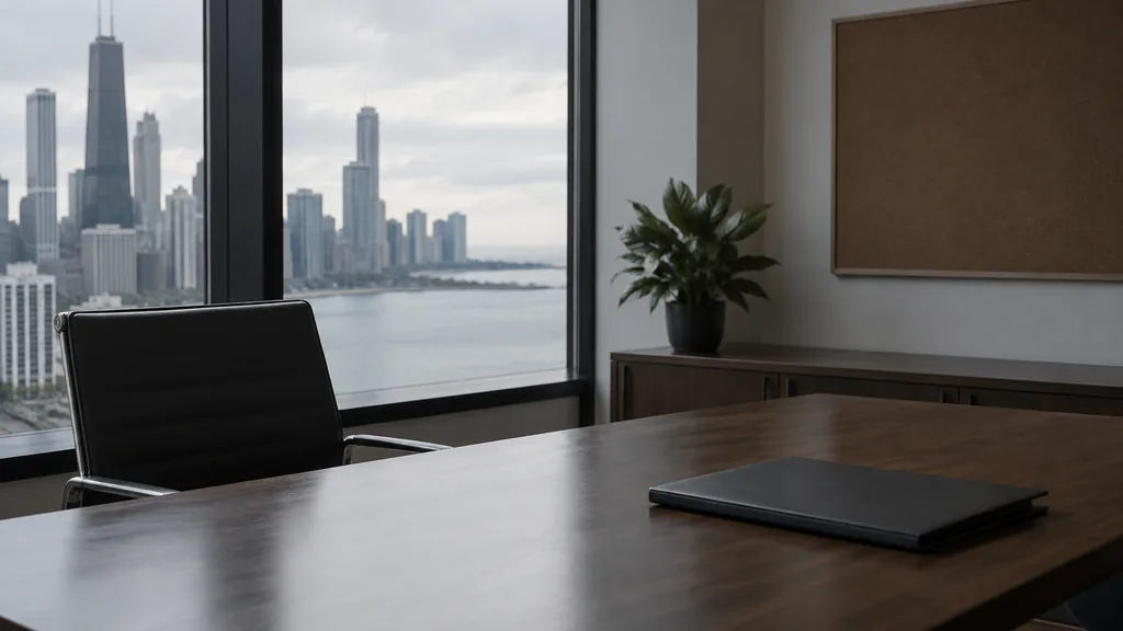 An empty workspace on a Chicago office table of dark walnut with an empty pinboard and one closed folder in cool grey lake light
