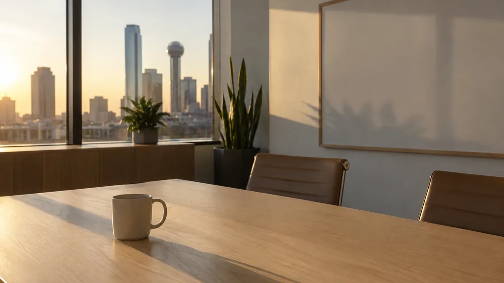 An empty workspace on a Dallas office table of light oak with a blank planning wall and one plain mug in warm low sun