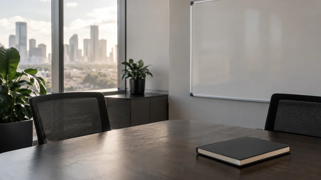 An empty workspace on a Houston office table of dark maple with an empty whiteboard and one closed notebook in humid morning light
