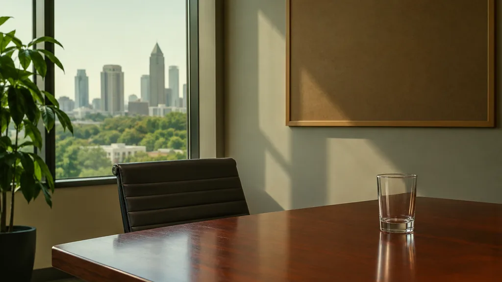 An empty workspace on an Atlanta office table of warm cherry with a blank pinboard and one plain glass in green-filtered daylight