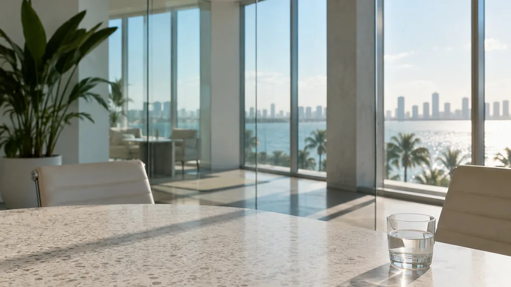 An empty workspace on a Miami office table of pale terrazzo with an empty glass wall and one plain water glass in bright coastal glare