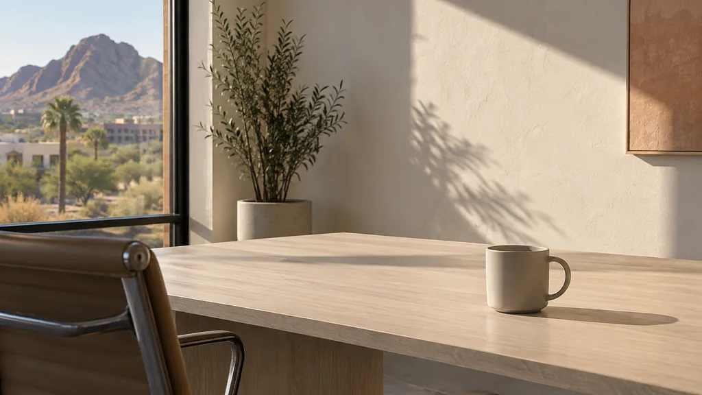 An empty workspace on a Phoenix office table of bleached ash with a blank plaster wall and one plain mug in strong desert light
