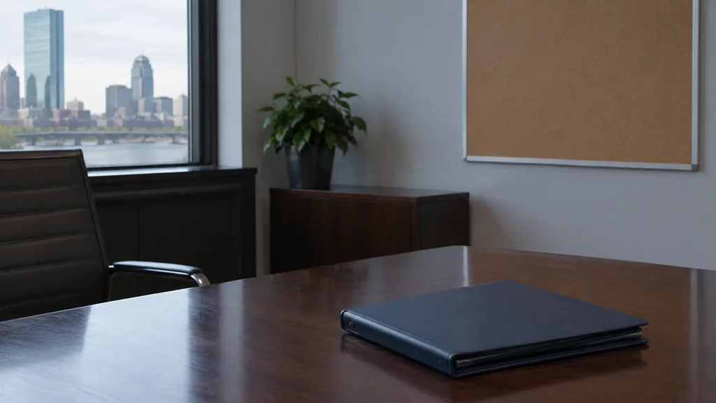 An empty workspace on a Boston office table of dark mahogany with an empty pinboard and one closed folder in cold clear light