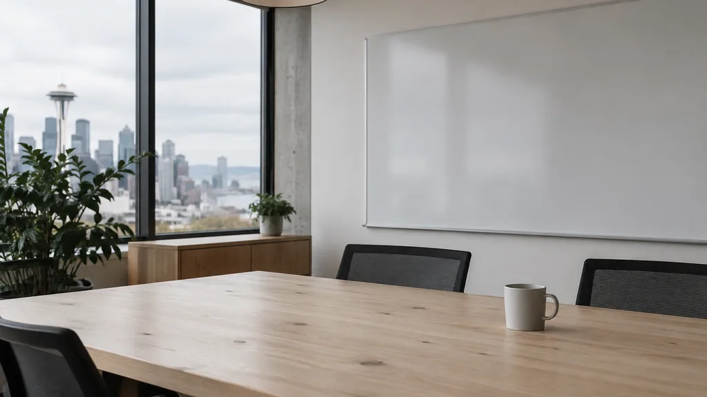 An empty workspace on a Seattle office table of pale fir with a blank planning wall and one plain mug in soft overcast light