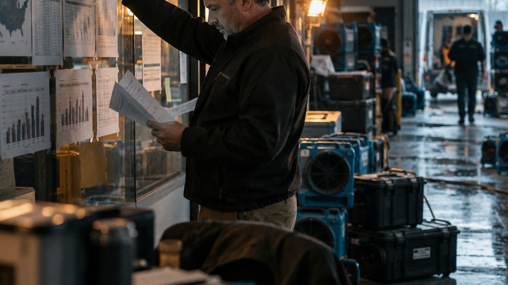 Restoration operations director comparing printed branch performance sheets pinned across a glass partition wall