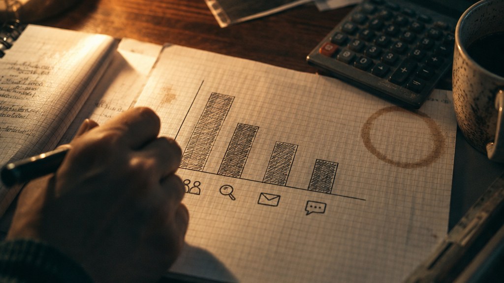 Hand-drawn comparison of restoration referral sources on graph paper beside a calculator