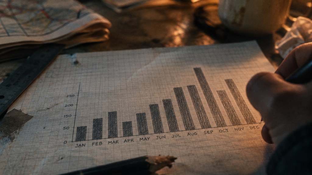 Hand-drawn bar chart of monthly emergency call volume on graph paper beside a ruler