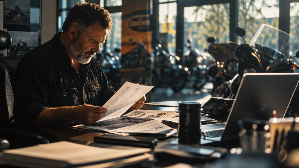Dealership general manager comparing printed advertising expense sheets on a showroom desk with motorcycles parked behind