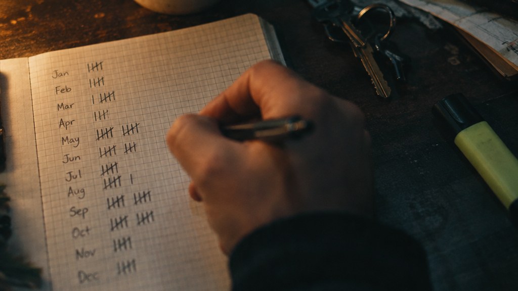 Hand-drawn tally of monthly unit sales on graph paper beside a set of keys and a highlighter