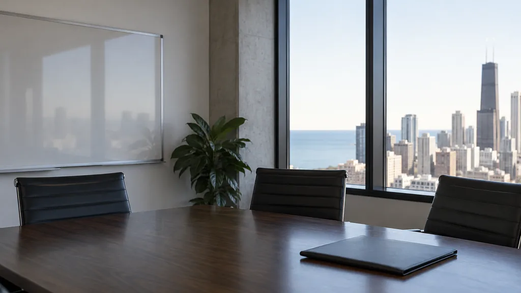 An empty workspace on a Chicago office table of dark walnut with a blank whiteboard and one closed folder in cool lake light