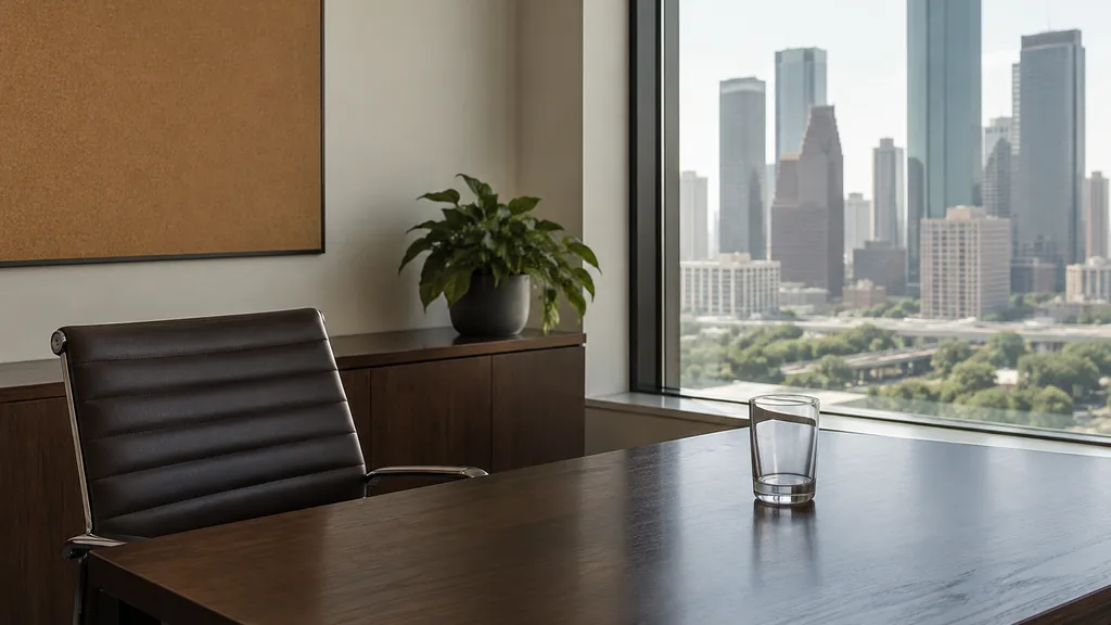 An empty workspace on a Houston office table of dark oak with a blank pinboard and one plain glass in soft humid light