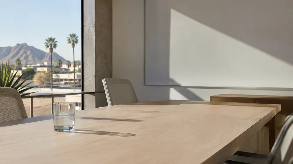 An empty workspace on a Phoenix office table of light ash with a blank planning wall and one plain glass in hard desert light