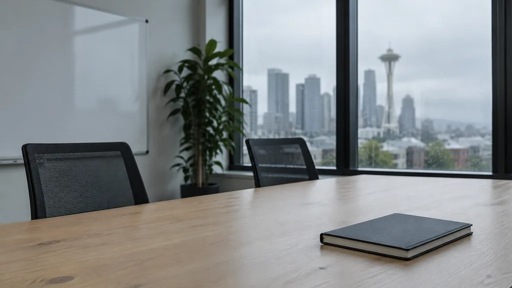 An empty workspace on a Seattle office table of pale fir with a blank whiteboard and one closed notebook in muted rainy-day light