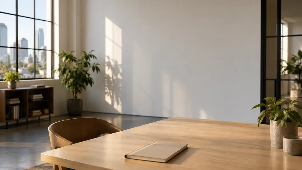 An empty workspace on a Los Angeles studio office table of pale oak with a blank planning wall and one plain notebook in warm afternoon light