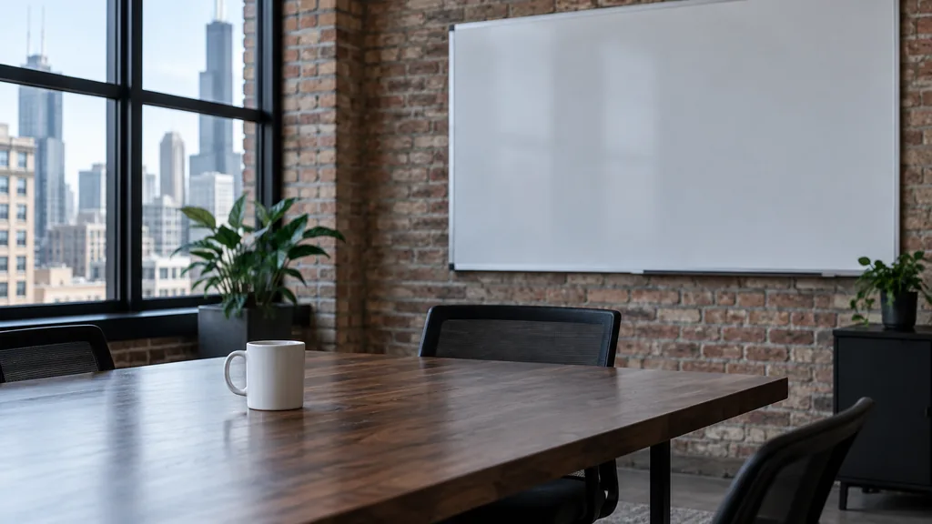 An empty workspace on a Chicago brick loft office table of walnut with an empty whiteboard and one plain mug in cool window light