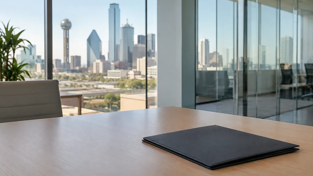 An empty workspace on a Dallas office table of light wood with a blank glass wall and a single closed folder in bright dry daylight