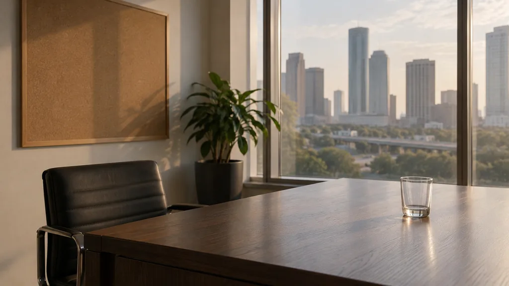 An empty workspace on a Houston office table of dark oak with an empty pinboard and one plain glass in soft humid morning light