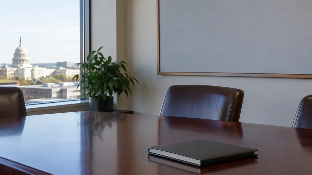 An empty workspace on a Washington office table of mahogany with a blank planning wall and one closed notebook in cool formal daylight